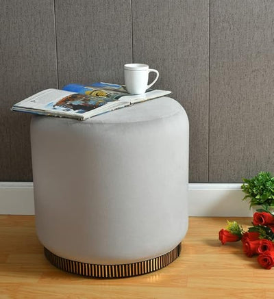 Modern Grey Velvet Pouffe with Geometric Base Design