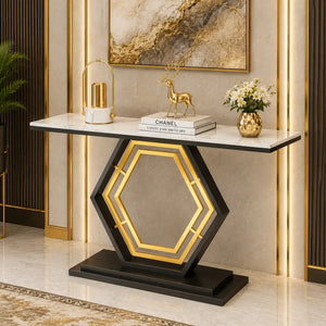 Modern Hexagon Console Table with Gold Inlay and Marble Top