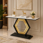 Modern Hexagon Console Table with Gold Inlay and Marble Top