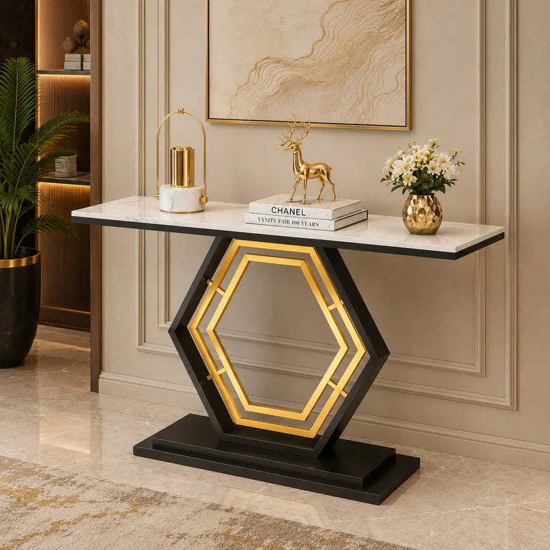 Modern Hexagon Console Table with Gold Inlay and Marble Top