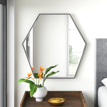 Modern Hexagon Shape Black Wooden Wall Mirror