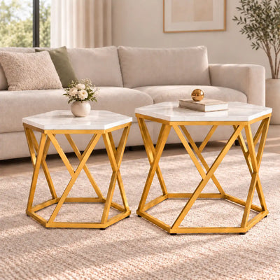 Modern Hexagonal Shape Designer Metallic Finish Table Set of 2