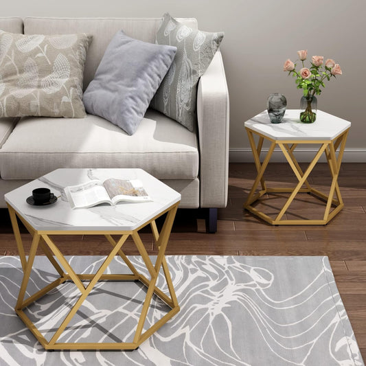 Modern Hexagonal Shape Designer Metallic Finish Table Set of 2