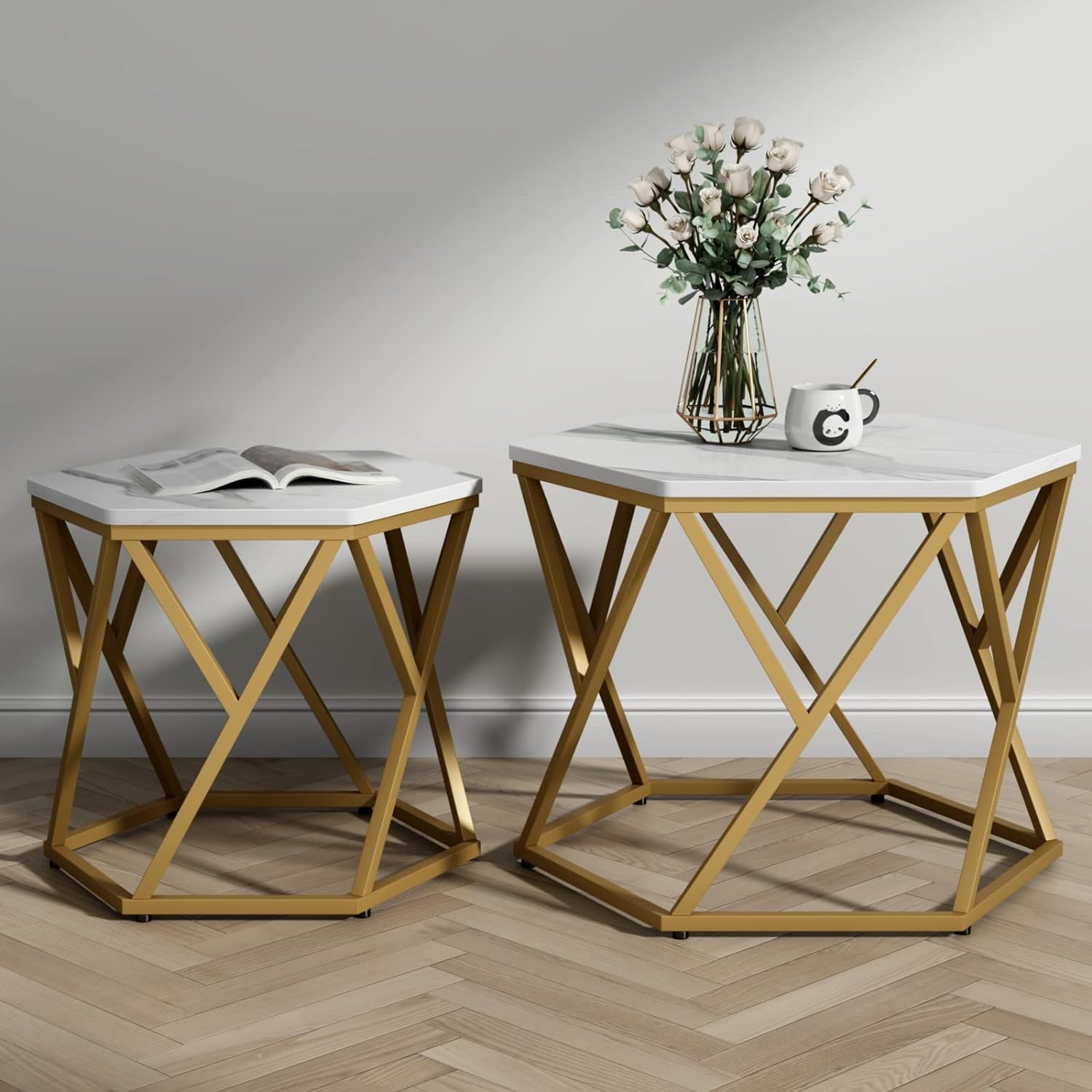 Modern Hexagonal Shape Designer Metallic Finish Table Set of 2