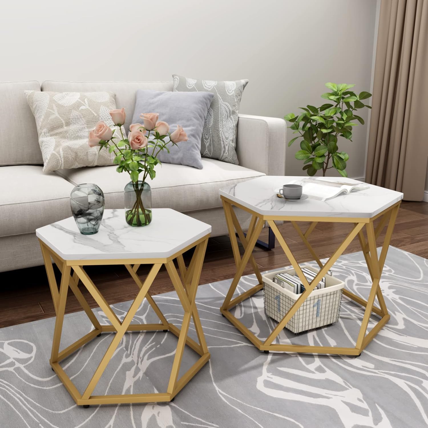 Modern Hexagonal Shape Designer Metallic Finish Table Set of 2