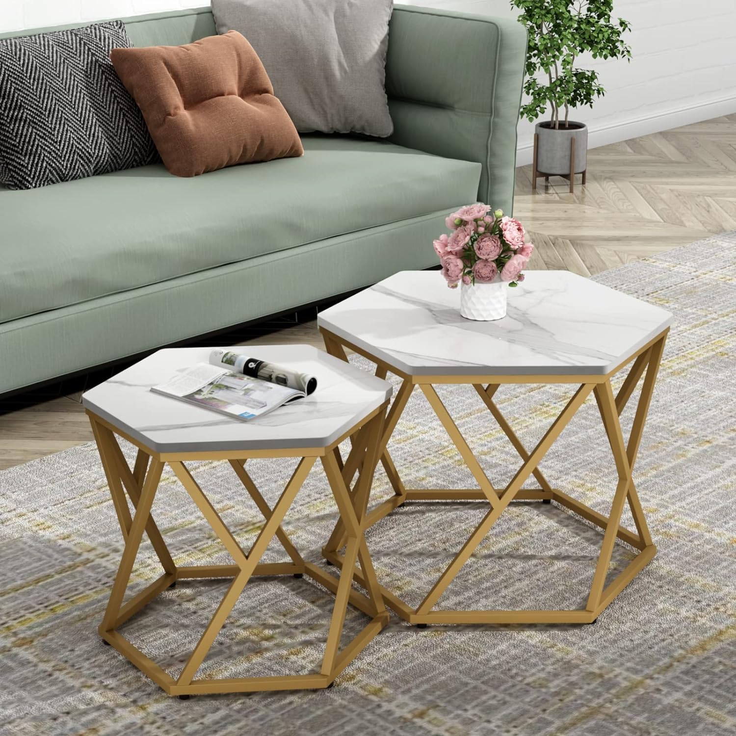 Modern Hexagonal Shape Designer Metallic Finish Table Set of 2