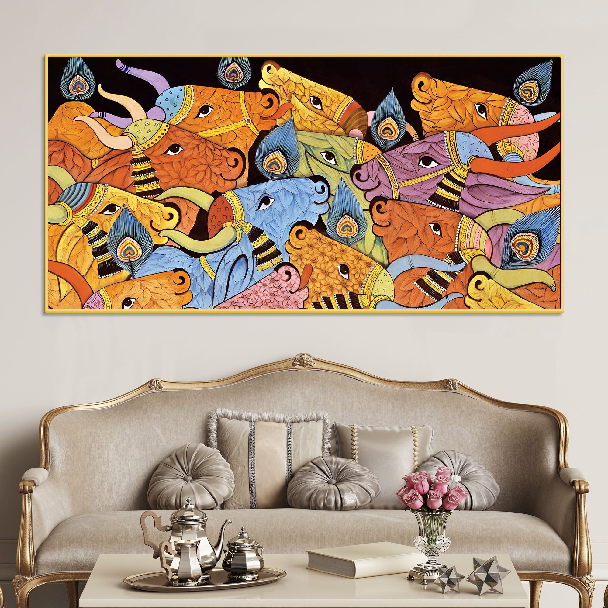 Modern Indian Folk Cow Canvas Wall Painting