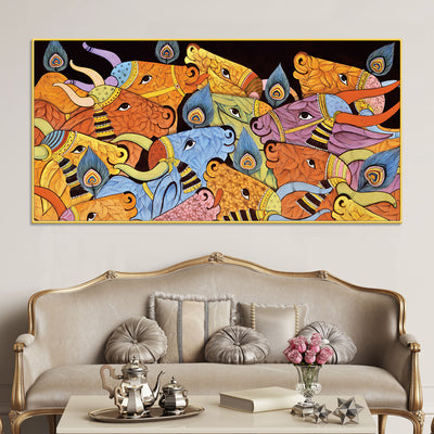 Modern Indian Folk Cow Canvas Wall Painting