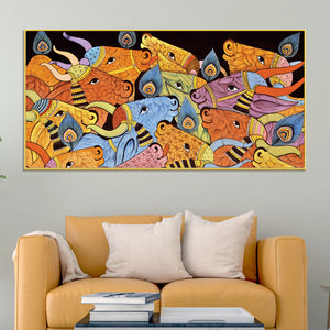 Modern Indian Folk Cow Canvas Wall Painting