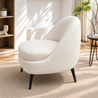 Modern Ivory Boucle Lounge Chair with Curved Back & Black Metal Legs