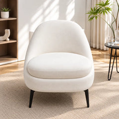Modern Ivory Boucle Lounge Chair with Curved Back & Black Metal Legs