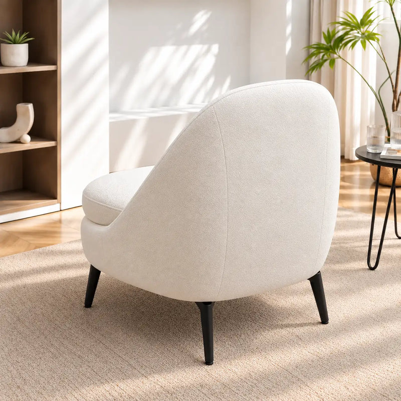 Modern Ivory Boucle Lounge Chair with Curved Back & Black Metal Legs