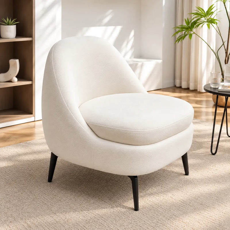 Modern Ivory Boucle Lounge Chair with Curved Back & Black Metal Legs