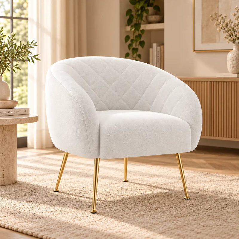 Modern Ivory Upholstered Barrel Lounge Chair with Golden Metal Legs