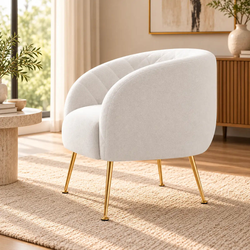 Modern Ivory Upholstered Barrel Lounge Chair with Golden Metal Legs