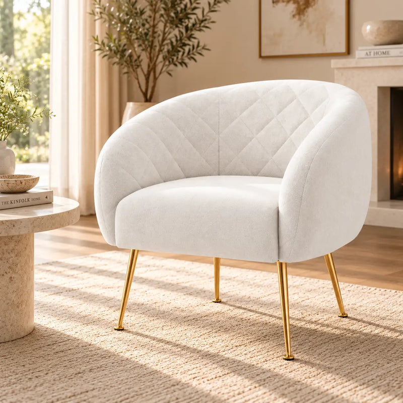 Modern Ivory Upholstered Barrel Lounge Chair with Golden Metal Legs