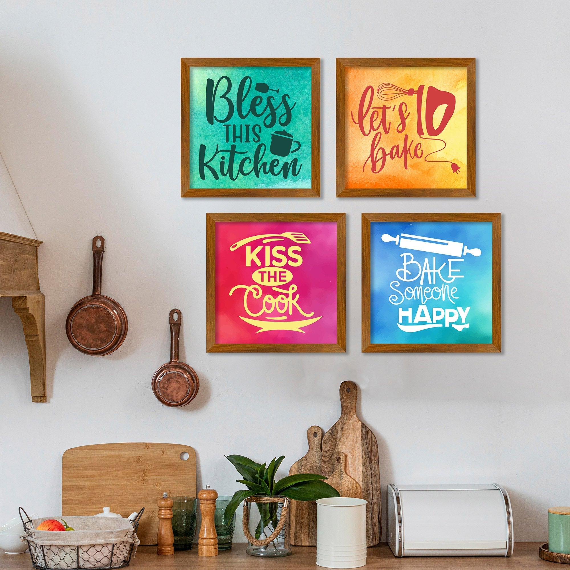 Modern Kitchen Quotes Art Wooden Wall Frame Set of Four – Vibecrafts