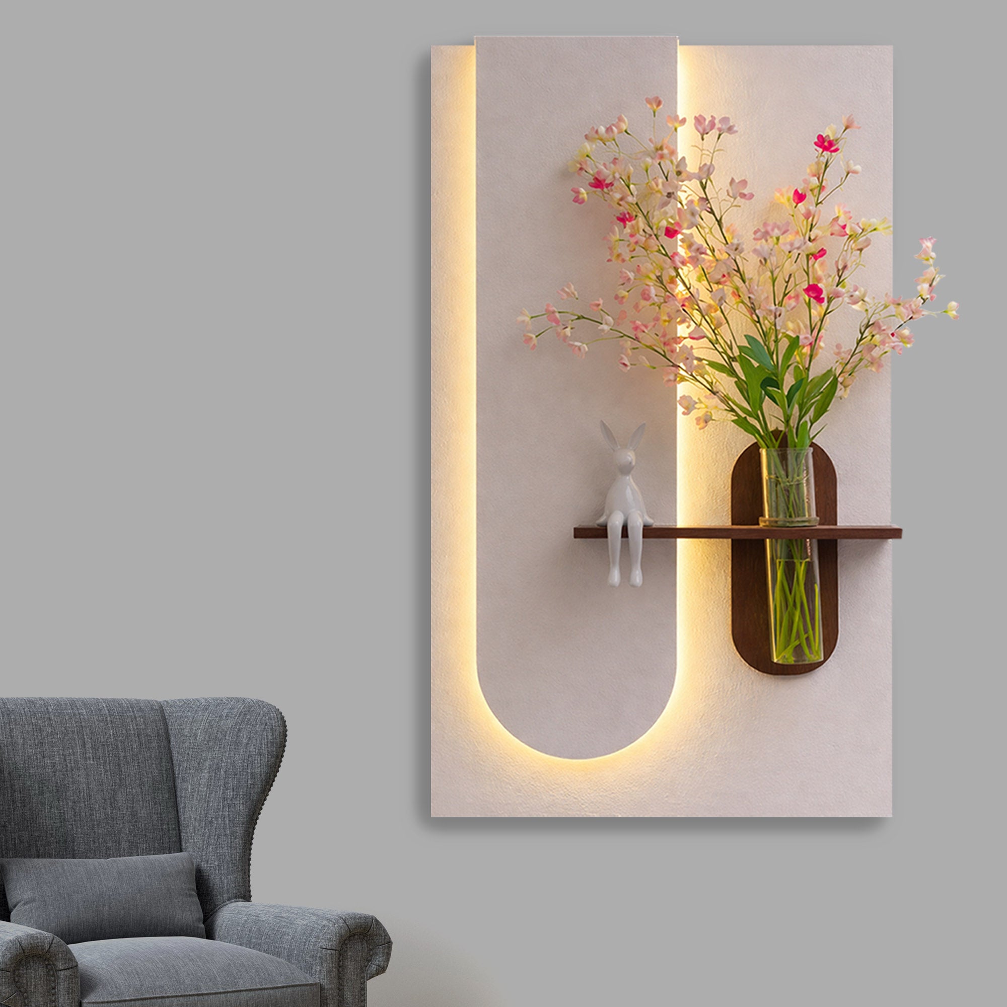 Modern LED Wall Art Shelf with Flower Vase for Living Room Decor