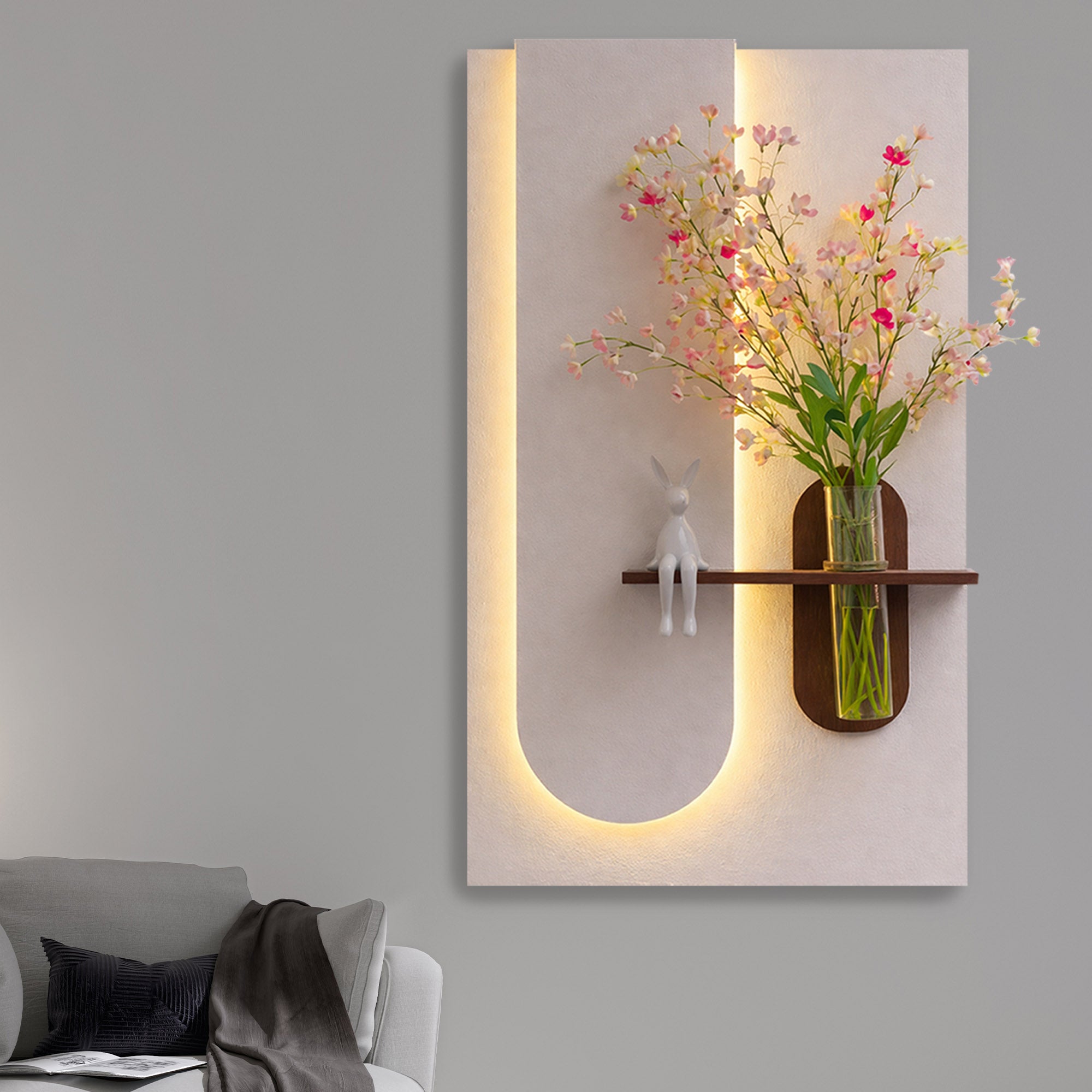 Modern LED Wall Art Shelf with Flower Vase for Living Room Decor