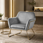 Modern Light Grey Upholstered Accent Chair with Padded Arms & Sleek Golden Base