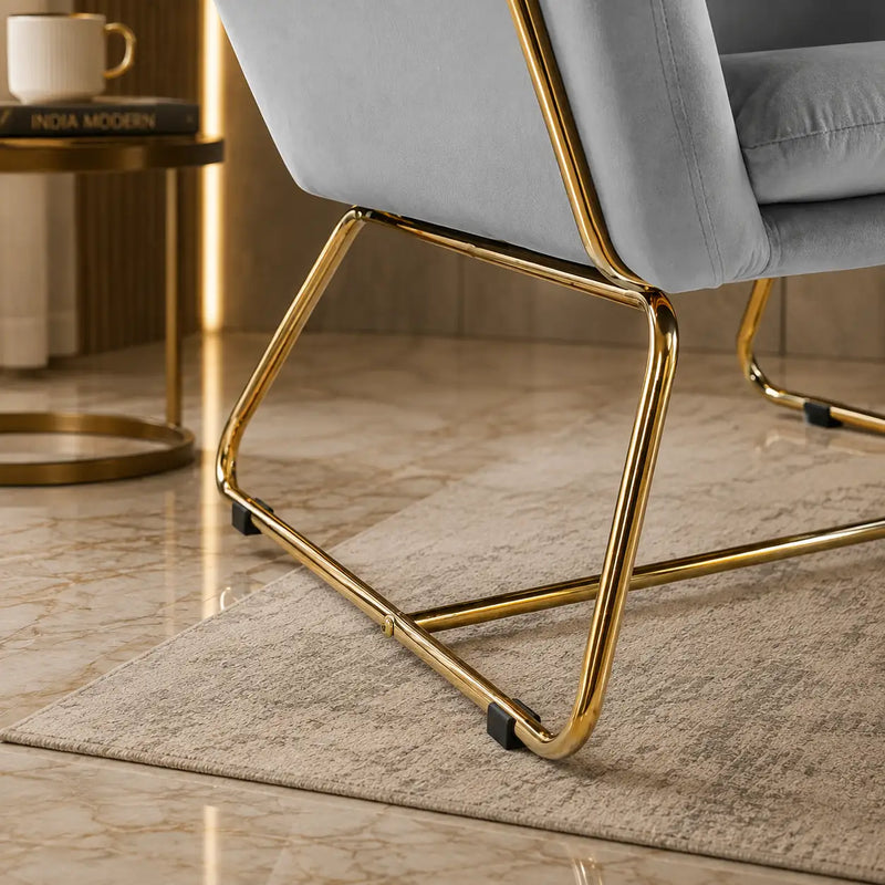 Modern Light Grey Upholstered Accent Chair with Padded Arms & Sleek Golden Base