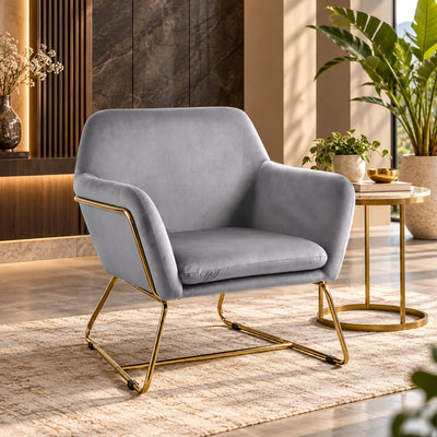 Modern Light Grey Upholstered Accent Chair with Padded Arms & Sleek Golden Base