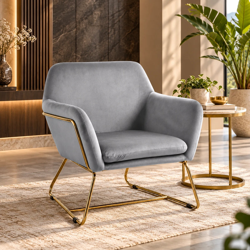 Modern Light Grey Upholstered Accent Chair with Padded Arms & Sleek Golden Base