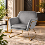 Modern Light Grey Upholstered Accent Chair with Padded Arms & Sleek Golden Base