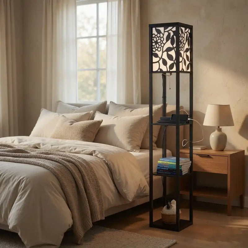 Modern Look Metal Floor Lamp With Shelf For Living Room, Bedroom