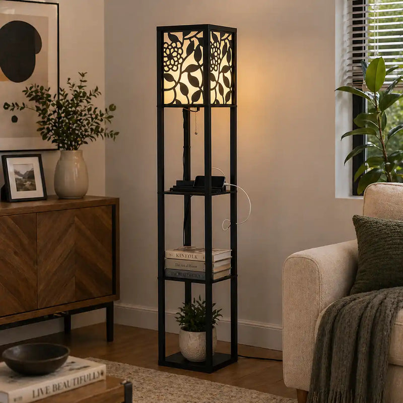 Modern Look Metal Floor Lamp With Shelf For Living Room, Bedroom