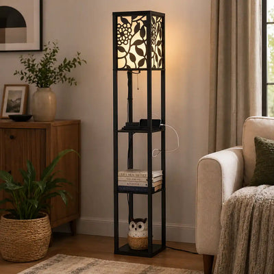 Modern Look Wooden Floor Lamp With Shelf For Living Room, Bedroom
