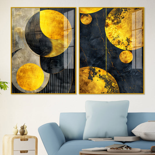 Modern Luxurious Golden Shapes Acrylic Floating Wall Painting Set Of 2