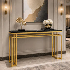 Modern Luxury Black Marble Console Table with Metal Finish