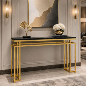 Modern Luxury Black Marble Console Table with Metal Finish