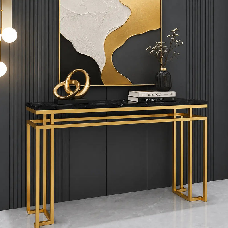Modern Luxury Black Marble Console Table with Metal Finish