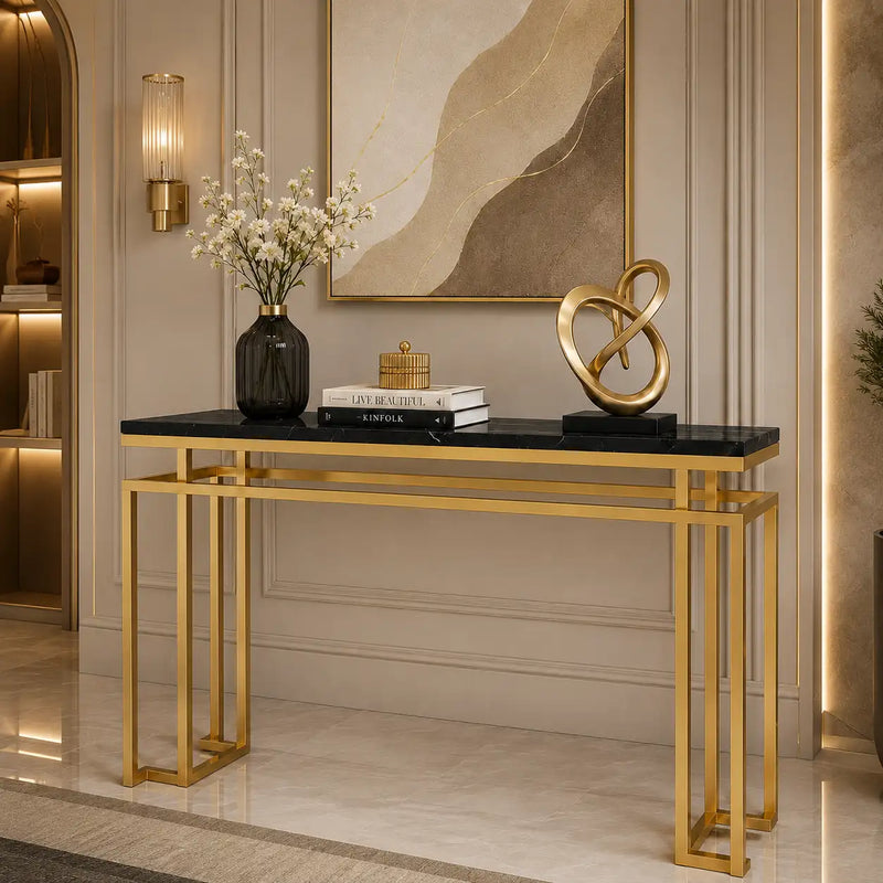 Modern Luxury Black Marble Console Table with Metal Finish