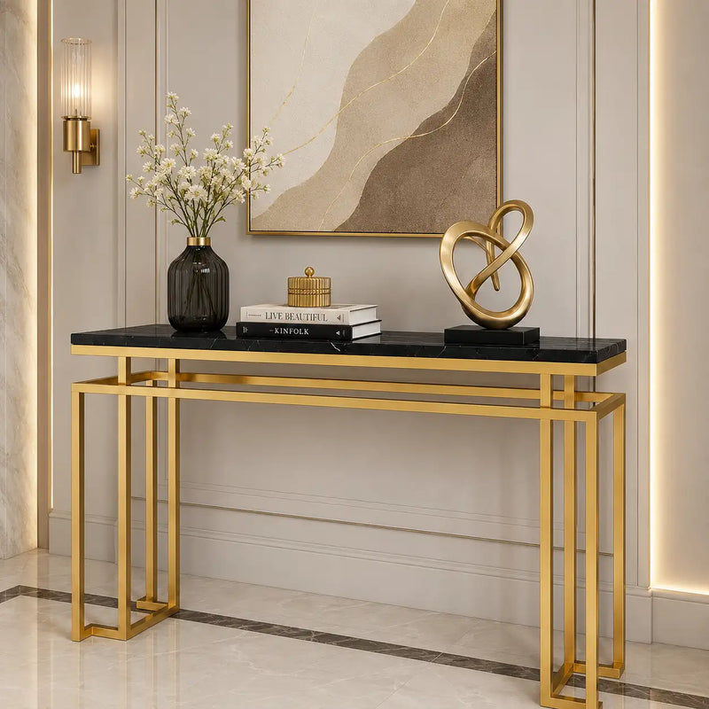 Modern Luxury Black Marble Console Table with Metal Finish