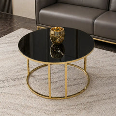 Modern Faux Marble Black Matte Finish Metal Centre Table