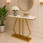Modern Marble Console Featuring Bold Angular Gold Base with Artistic Flair
