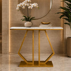 Modern Marble Console Featuring Bold Angular Gold Base with Artistic Flair