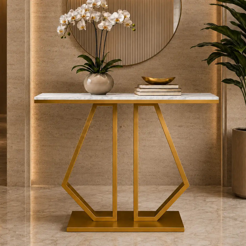 Modern Marble Console Featuring Bold Angular Gold Base with Artistic Flair