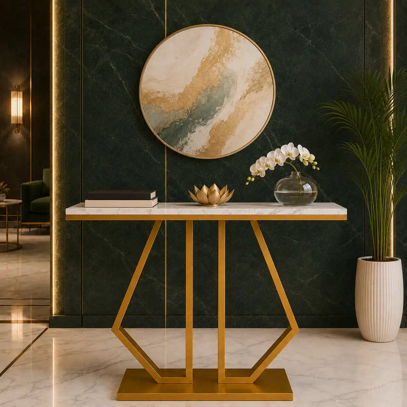 Modern Marble Console Featuring Bold Angular Gold Base with Artistic Flair
