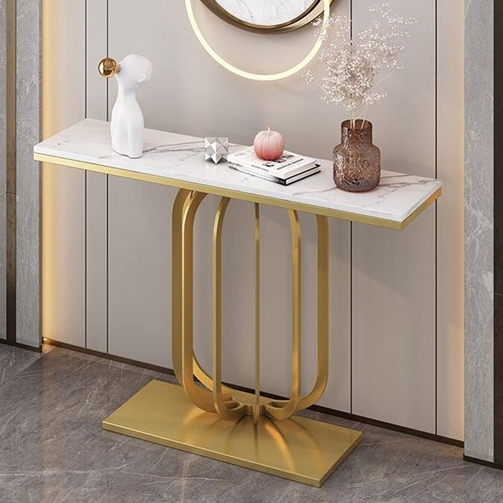 Modern Marble Console Table with Artistic Gold Vertical Loop Base