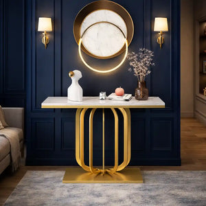 Modern Marble Console Table with Artistic Gold Vertical Loop Base