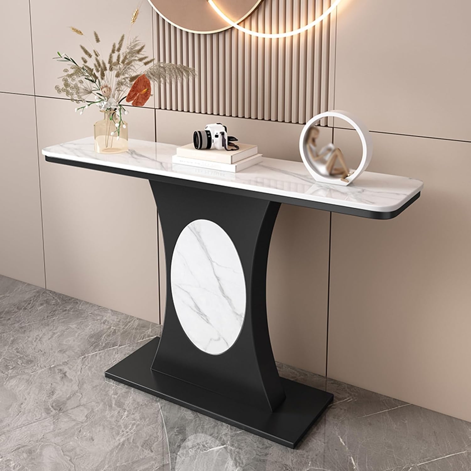 Modern Marble Console Table with Black Base and Circular Marble Accent