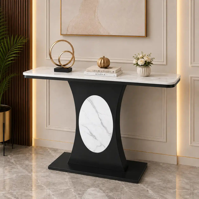 Modern Marble Console Table with Black Base and Circular Marble Accent