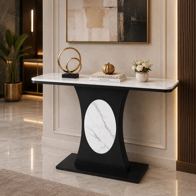 Modern Marble Console Table with Black Base and Circular Marble Accent