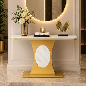 Modern Marble Console Table with Gold Base and Circular Marble Accent