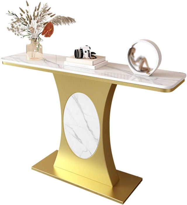 Modern Marble Console Table with Gold Base and Circular Marble Accent