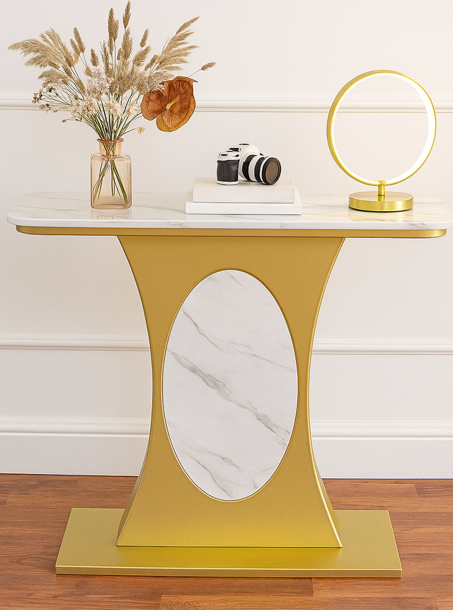 Modern Marble Console Table with Gold Base and Circular Marble Accent